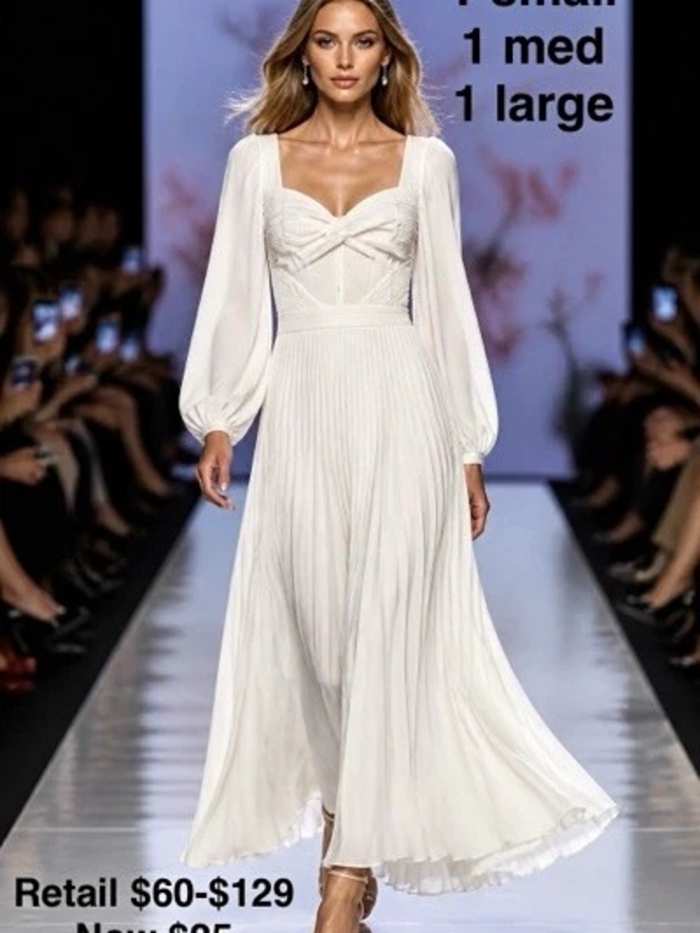 Women’s White Solid Square Neck Long Sleeve Pleated Maxi Dress Size S M L